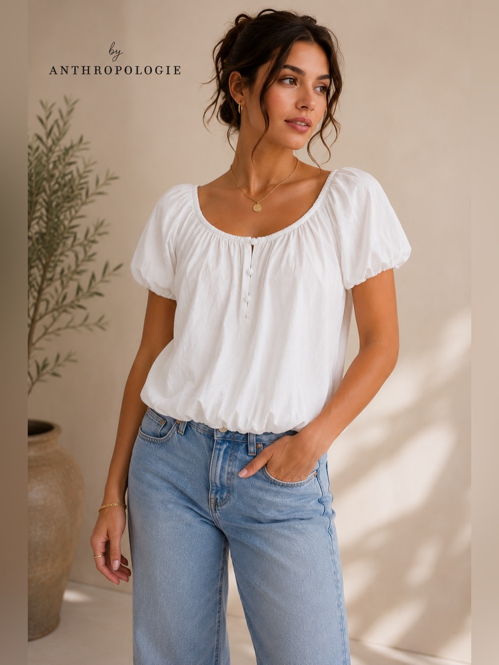 Anthropologie White Bubble Hem Puff Sleeve Cotton Blouse MP Petite Cottagecore